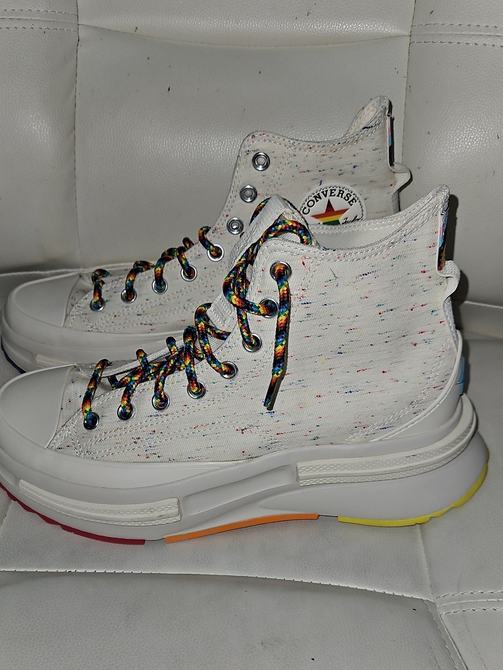 Converse White High-Top Sneakers with Rainbow Accents
